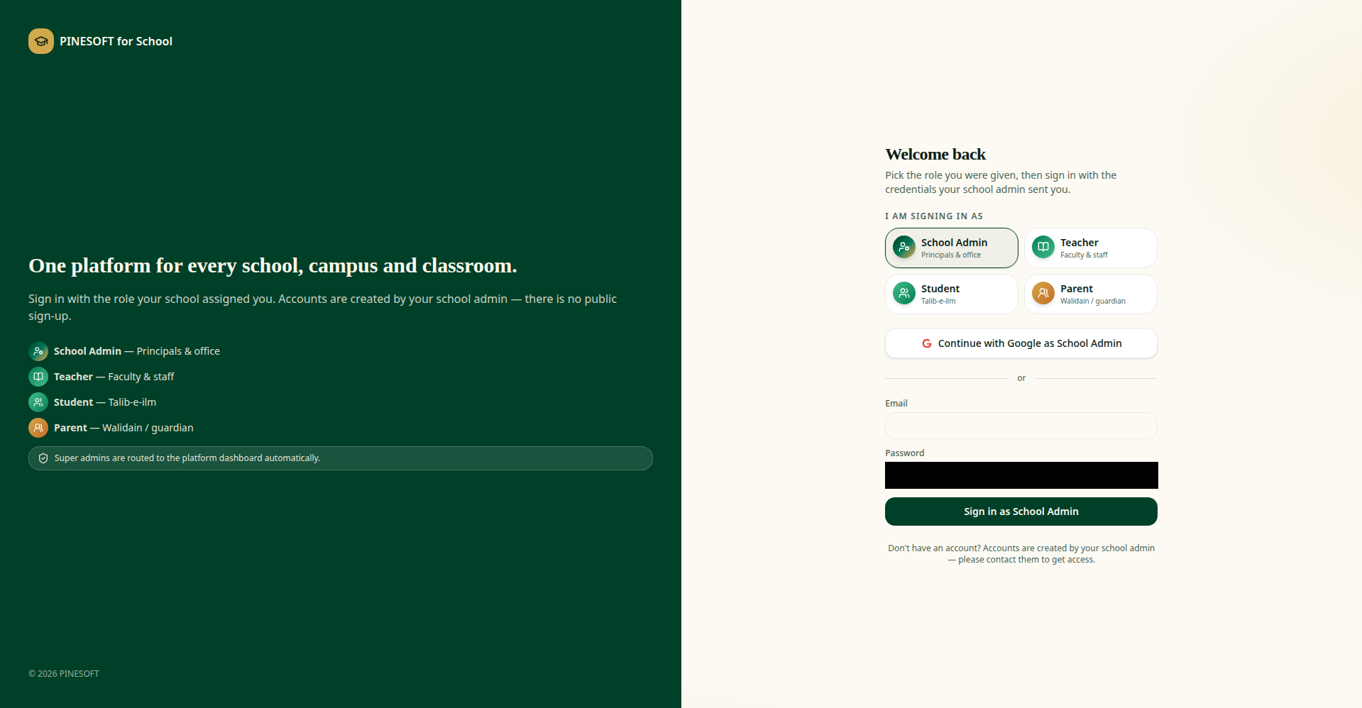 School system login page
